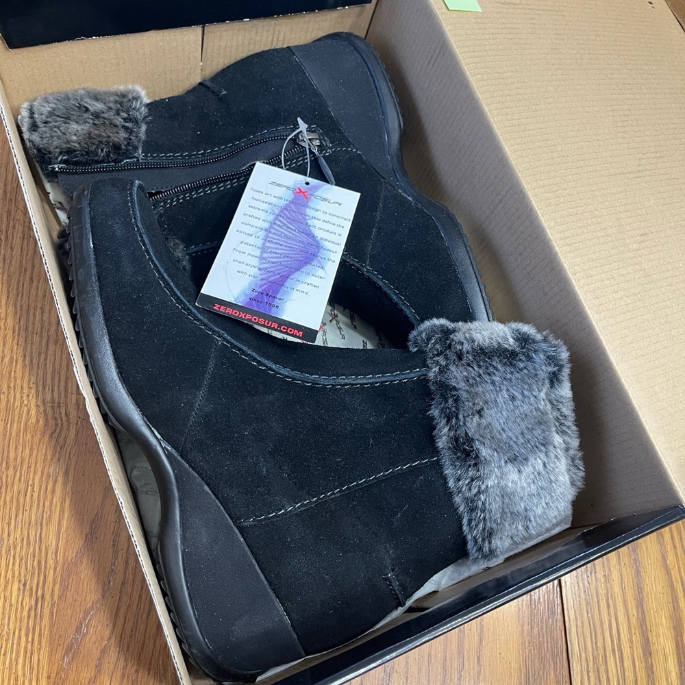 Black Suede Ankle Boots with Faux Fur Trim